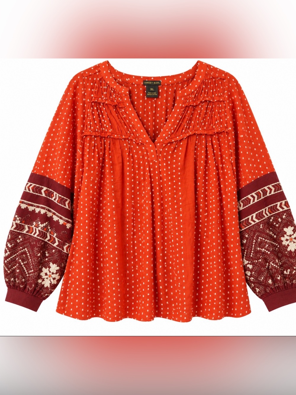 Vineet Bahl Anthropologie Red Orange Embroidered Boho Blouse XL